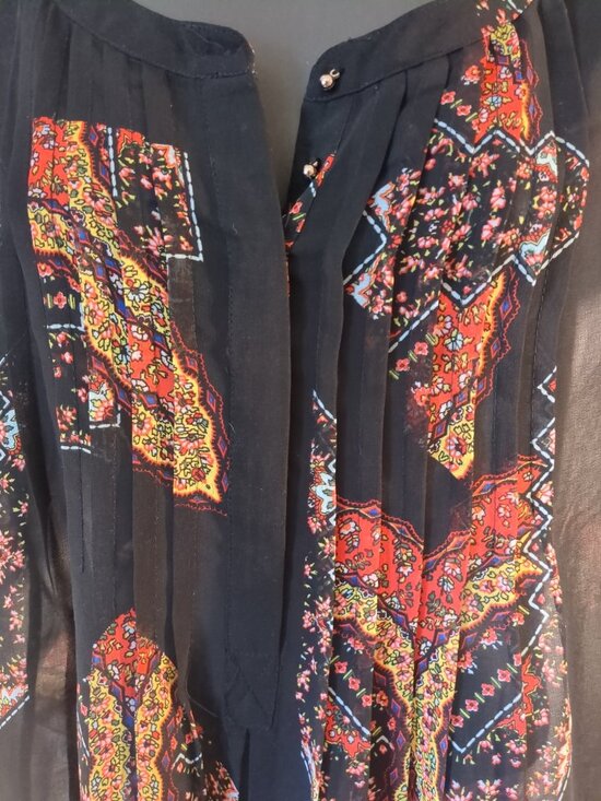 Sheer Black Partial Button Blouse / Tunic with colors of red / yellow /cream / - Picture 3 of 16